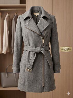 ✨ Michael Kors Tailored Wool-Blend Wrap Coat | Grey | Size 10 ✨